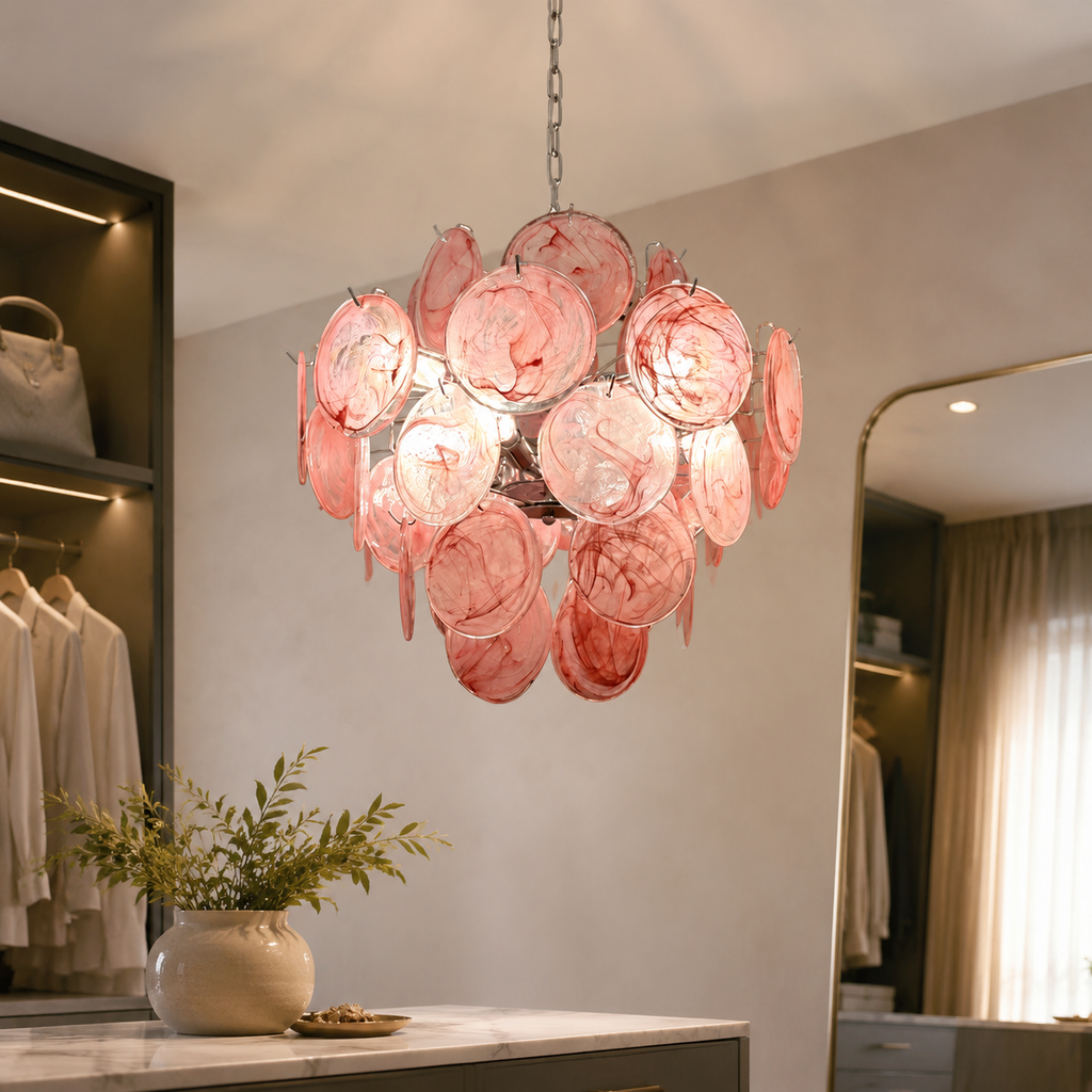 Pink Murano-style glass disc chandelier in a dressing room