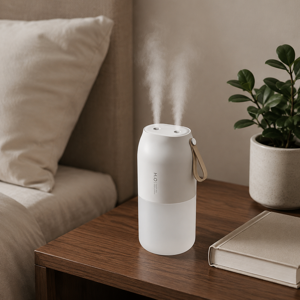 Portable dual-nozzle ultrasonic humidifier on a bedside table