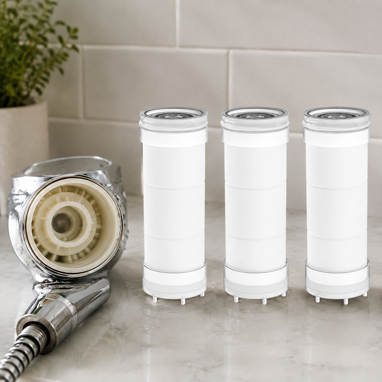 Three replacement shower filters beside a modern shower