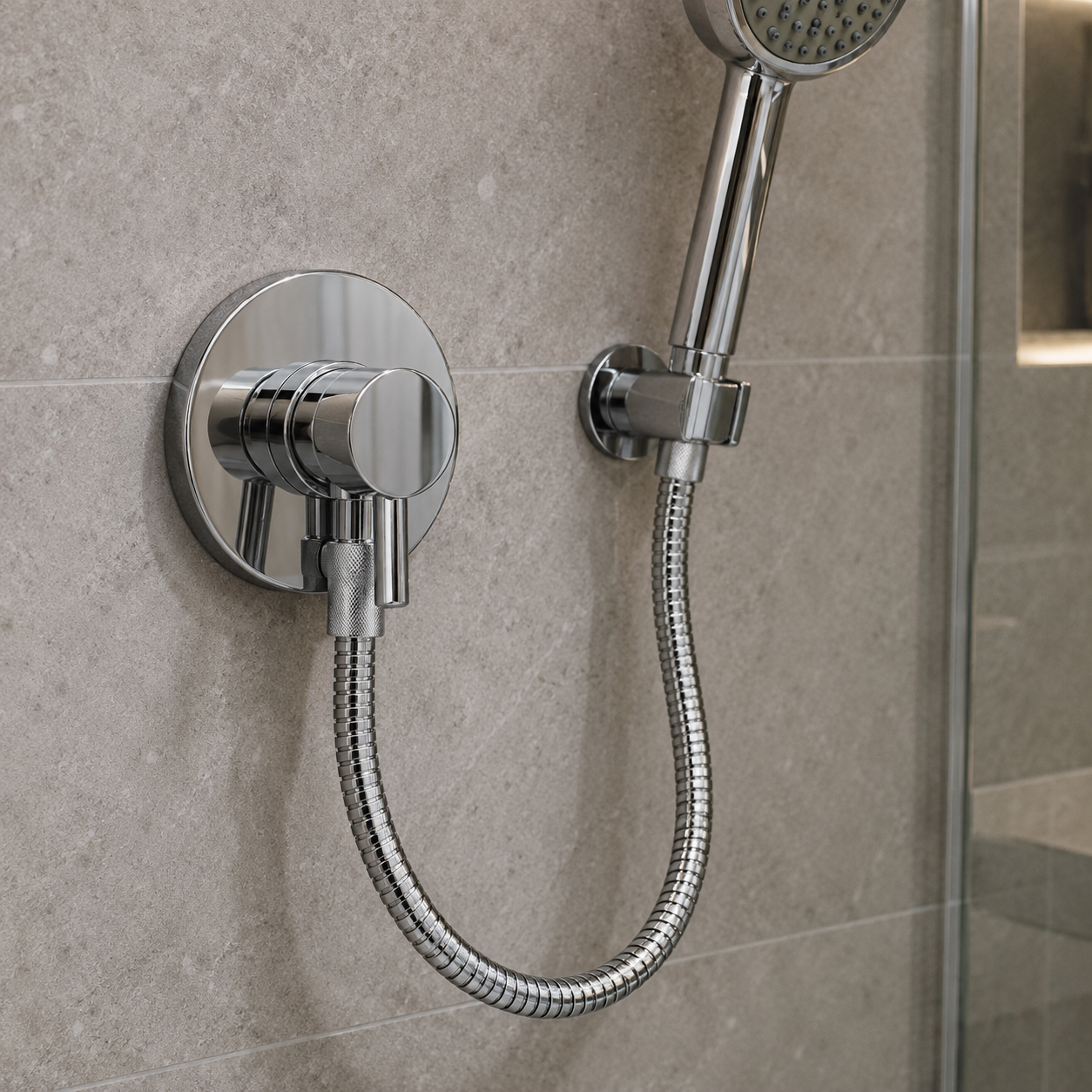 Silver shower hose installed in a modern bathroom