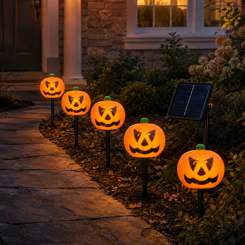 Five solar jack-o-lantern stake lights glowing along a front garden path