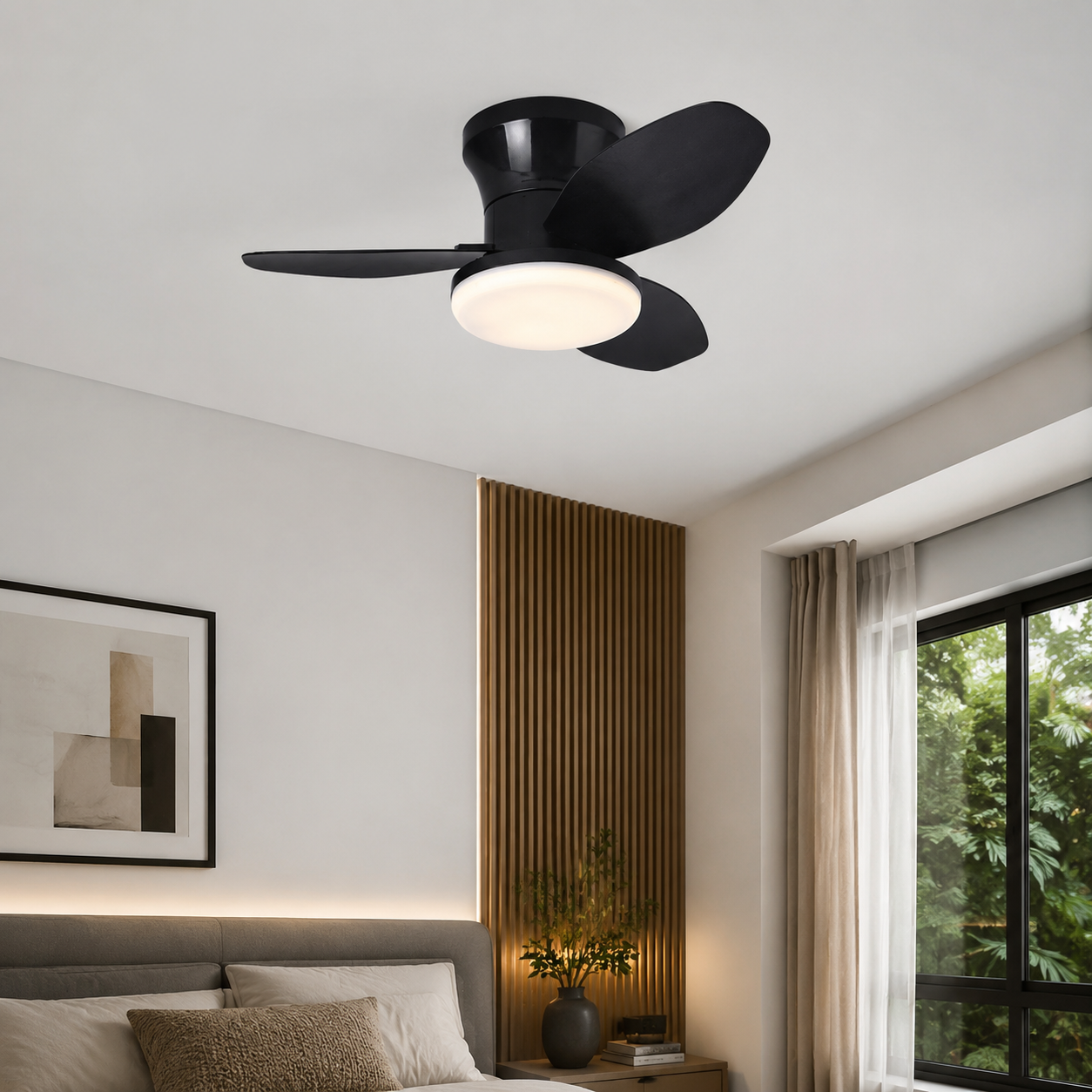 Black decorative ceiling fan light in a modern bedroom